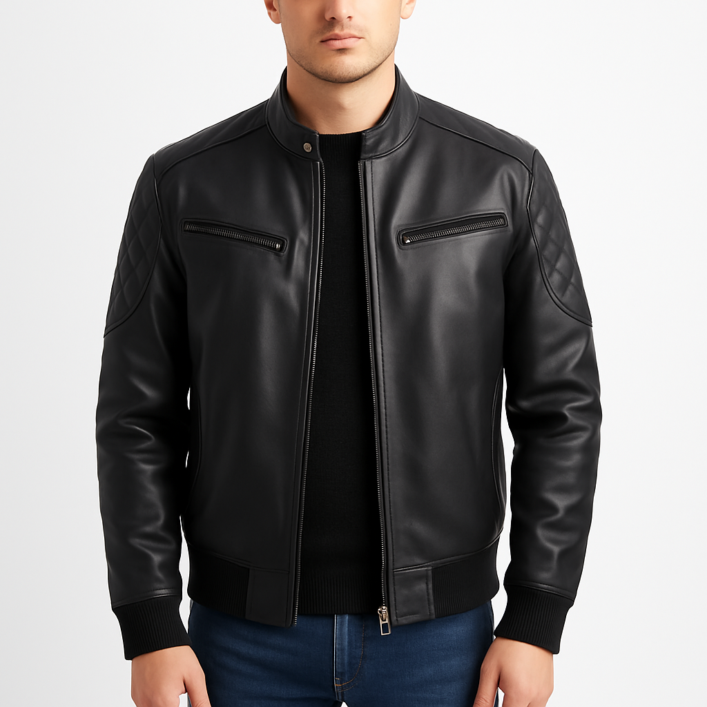 Casual Black Leather Bomber Jacket
