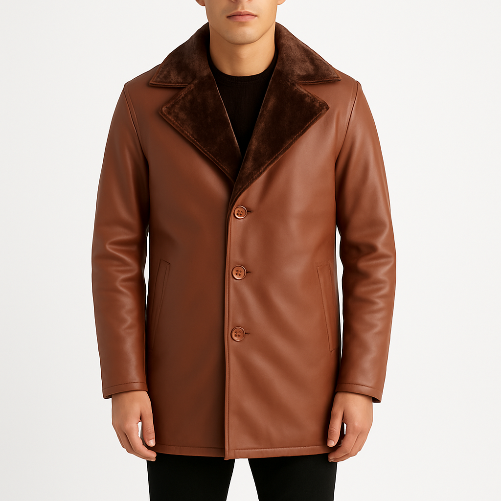 Men's Cinnamon Brown Leather Fur Coat