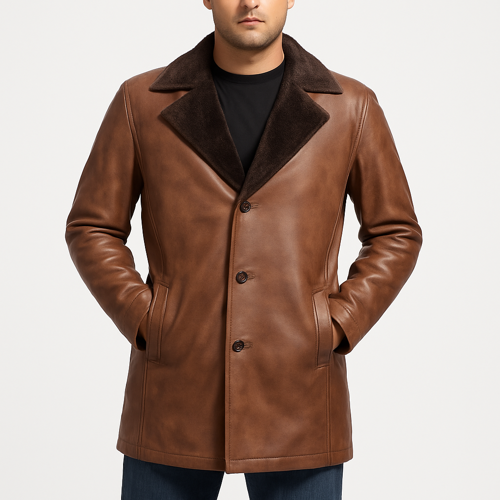 Distress Cinnamoned Leather Fur Coat For Men's