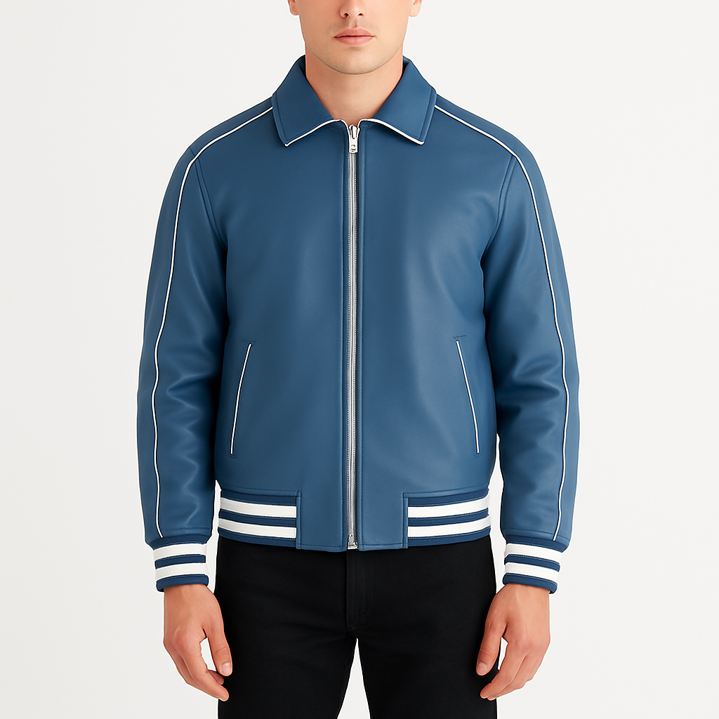 Cooper Blue Leather Varsity Jacket For Men's