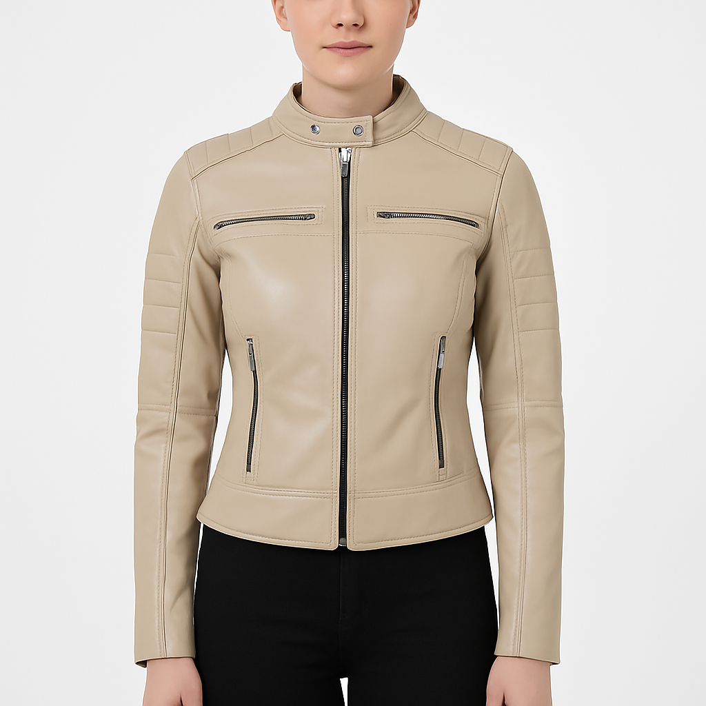 Women's Beige Zip-Up Moto Real Leather Jacket