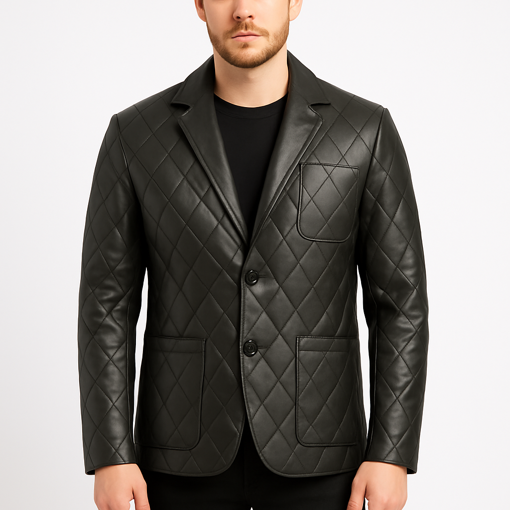 Elton Men's Quilted Black Real Leather Blazer
