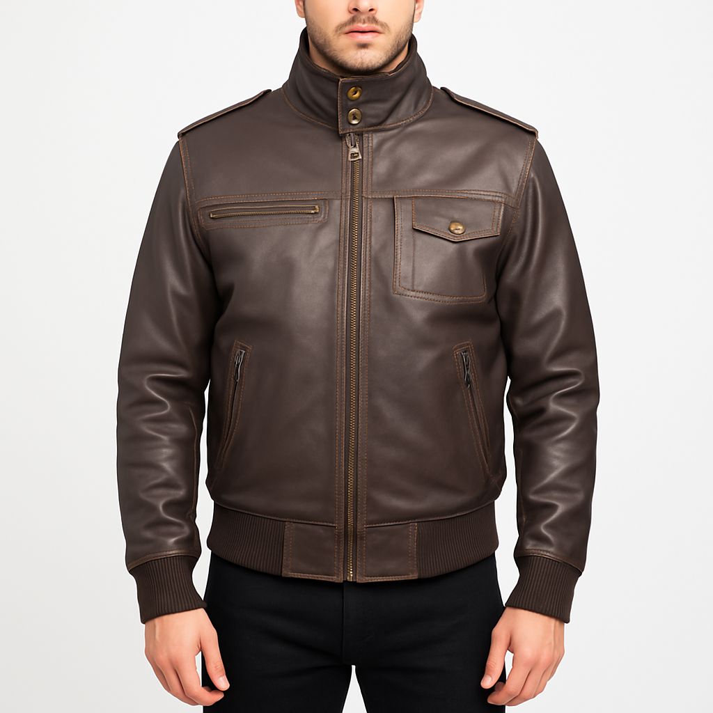 Glen Street Men's Brown Leather Bomber Jacket