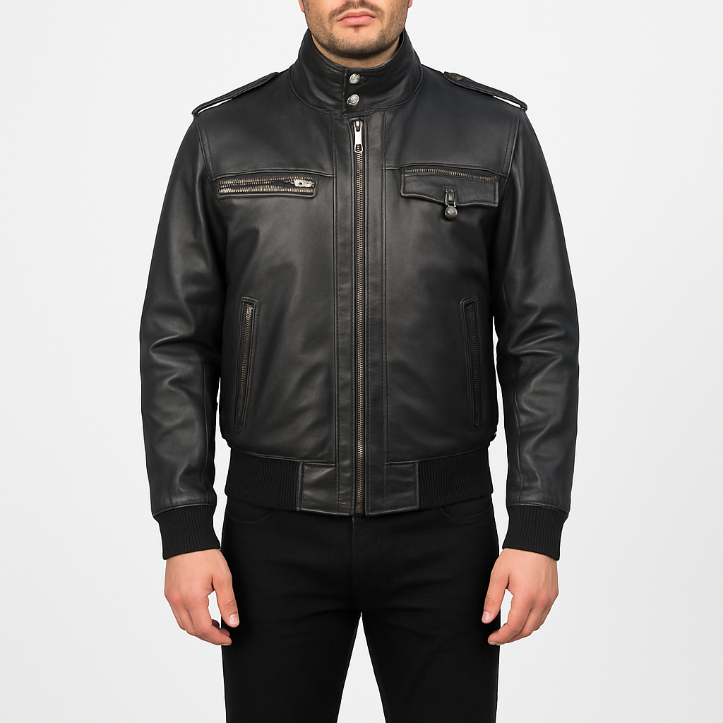 Glen Street Black Leather Bomber Jacket For Men's