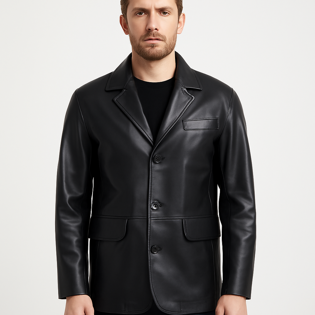 James Men's Black Leather Coat Blazer