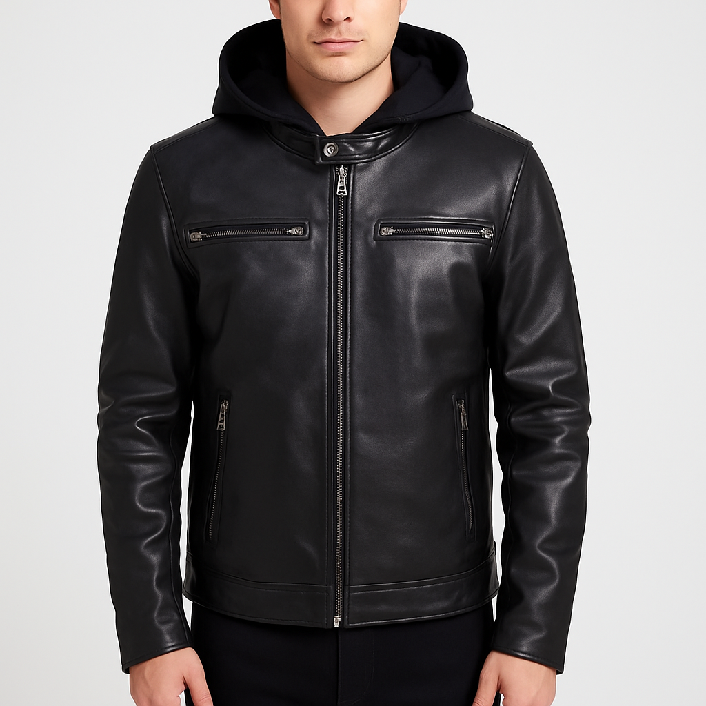 Men's Black Detachable Hooded Leather Jacket