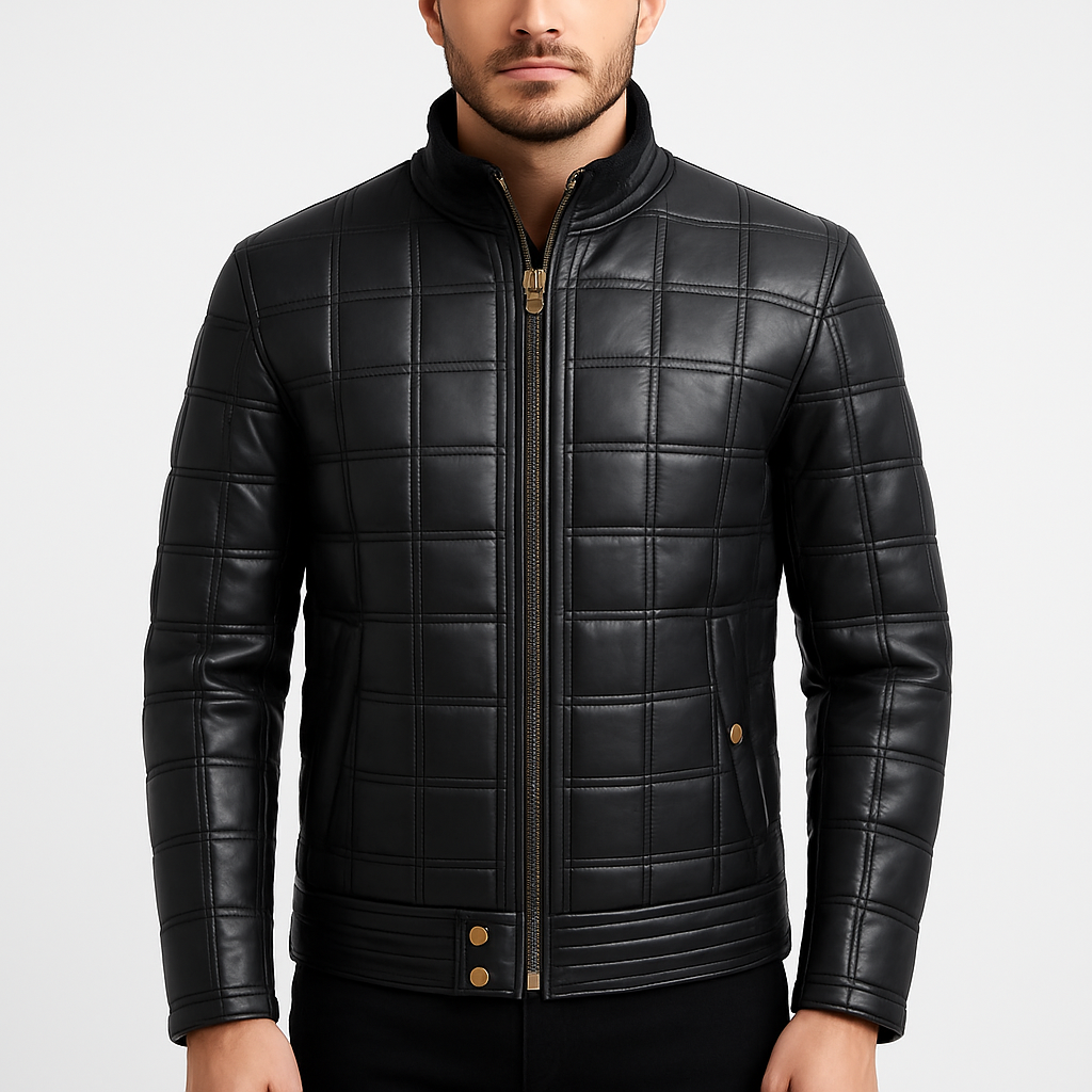 Men's Black Full Quilted Genuine Leather Zipper Jacket
