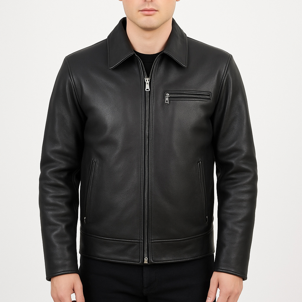 Men's Black Cowhide Leather Harrington Jacket