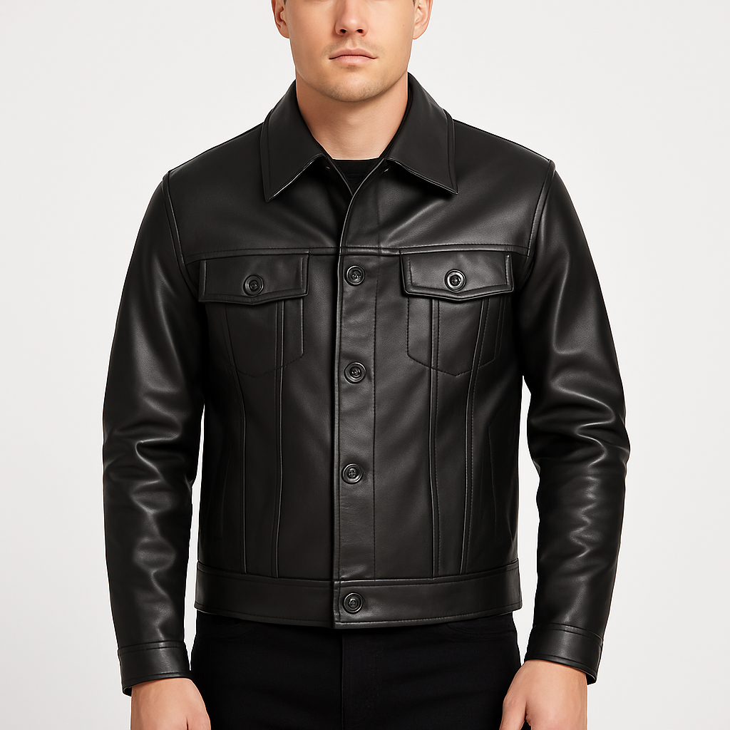 Men's Black Leather Motorcycle Jacket Classic Biker Folded Collar