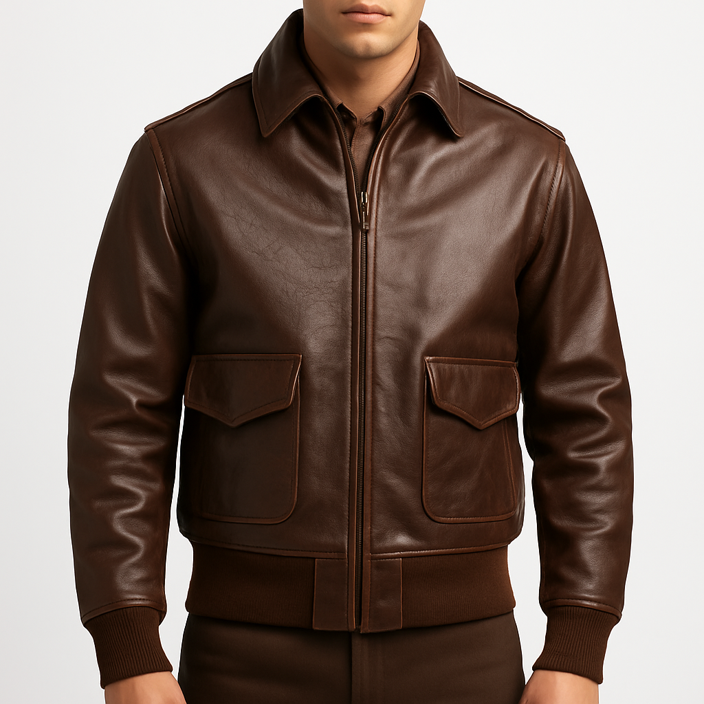 Men's Brown Genuine Leather Bomber Jacket