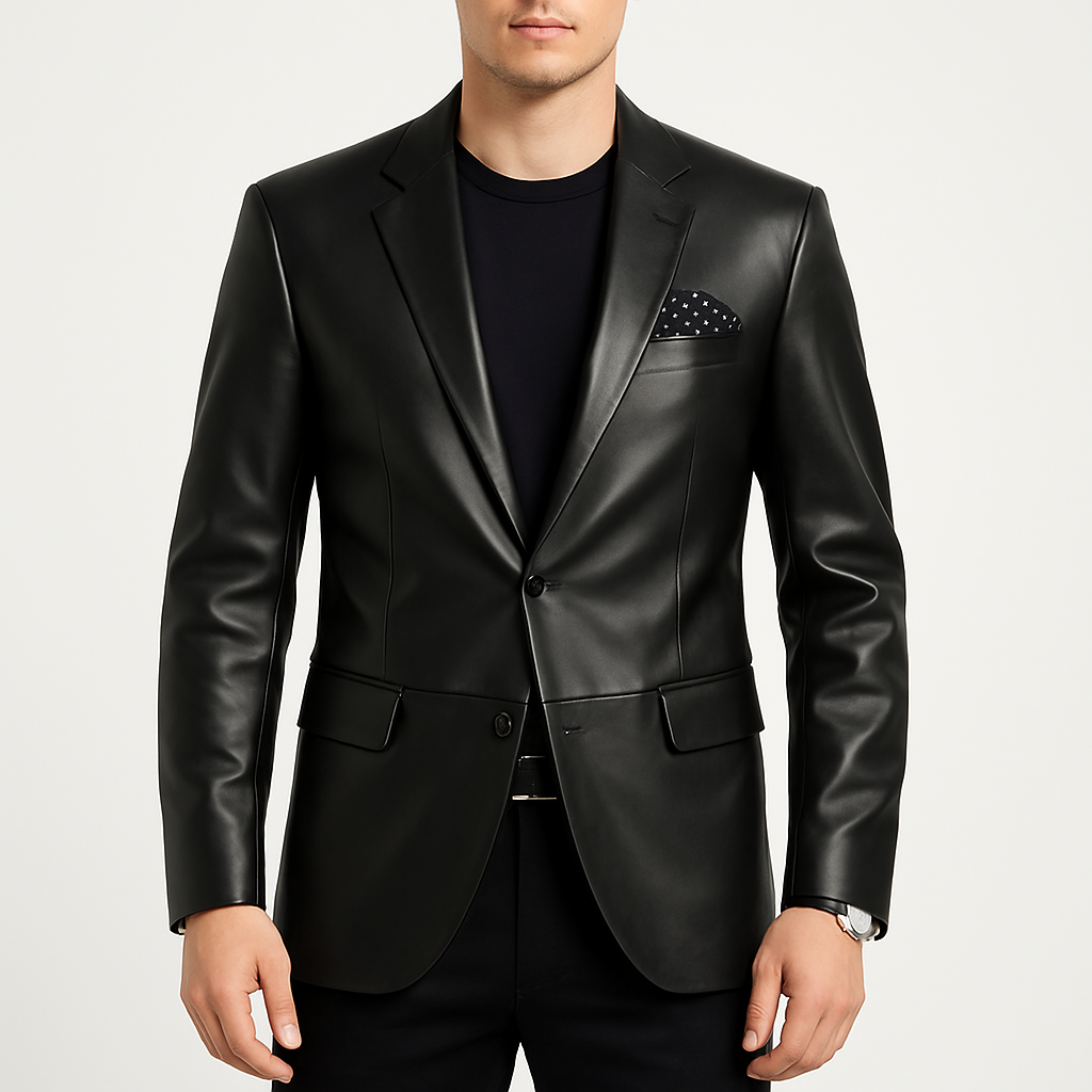Men's Classic Black Leather Blazer Formal Button Style