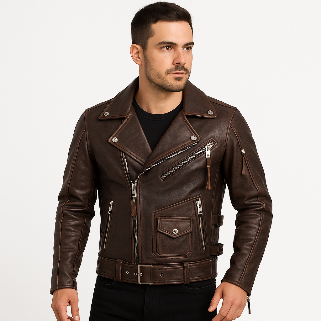 Men's Genuine Cowhide Leather Motorcycle Jacket