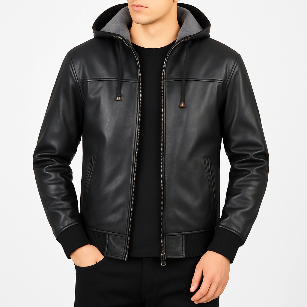 Men's Black Hooded Bomber Leather Jacket