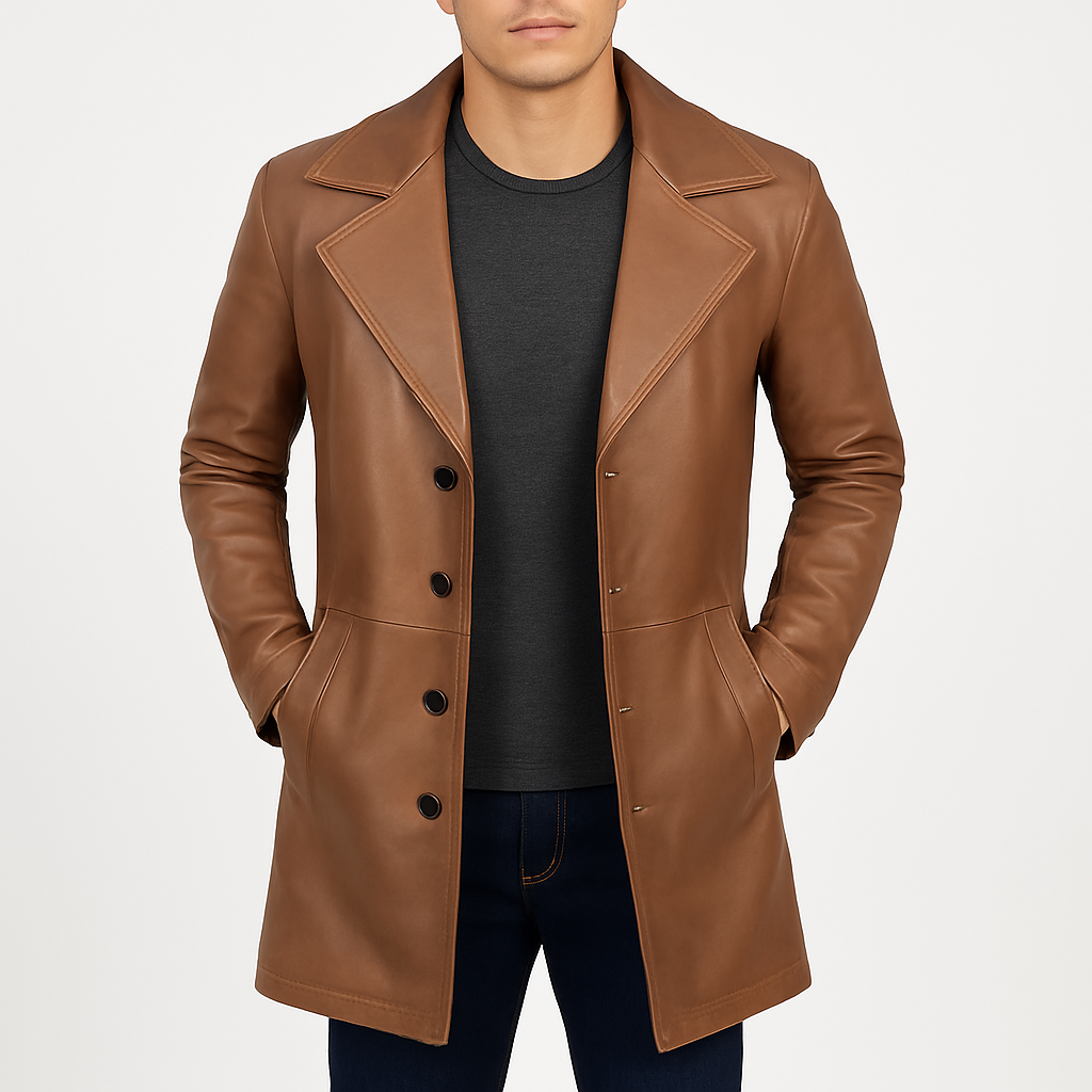 Men's 34 Length Brown Leather Car Coat
