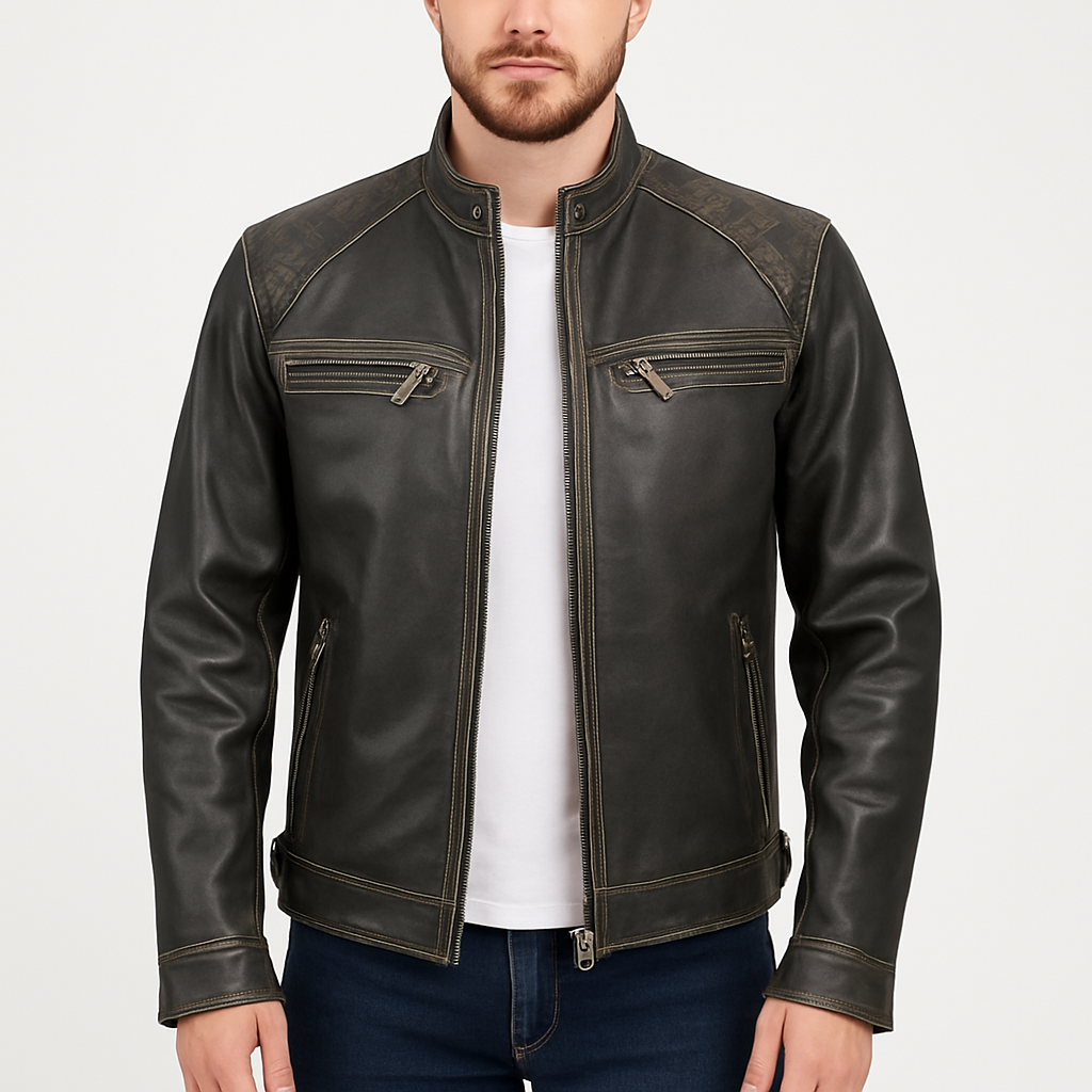 Men's Vintage Quilted Shoulder Distressed Cafe Racer Leather Jacket
