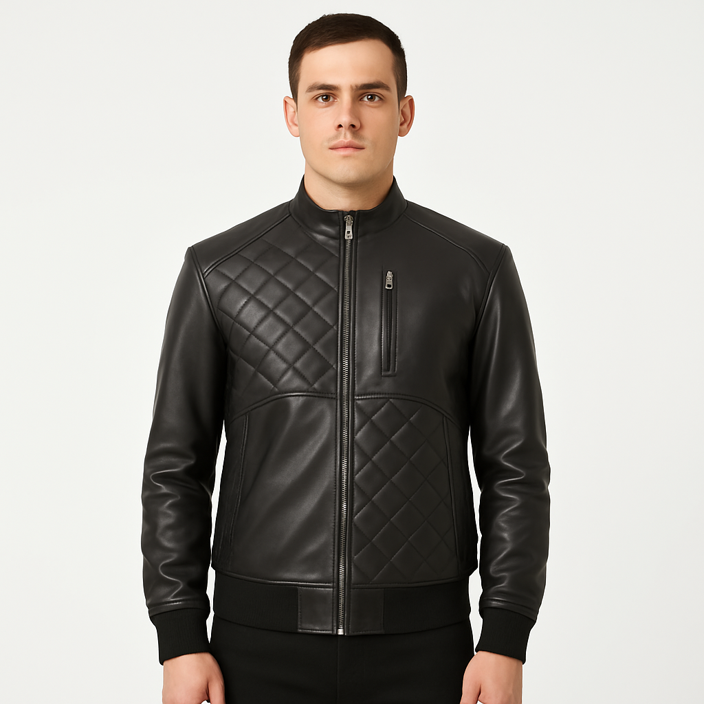 Mens Black Genuine Leather Quilted-Style Jacket