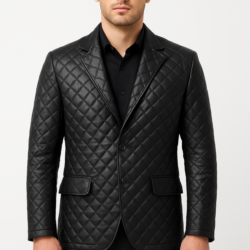 Men's Black Quilted Leather Blazer with Lapel Collar