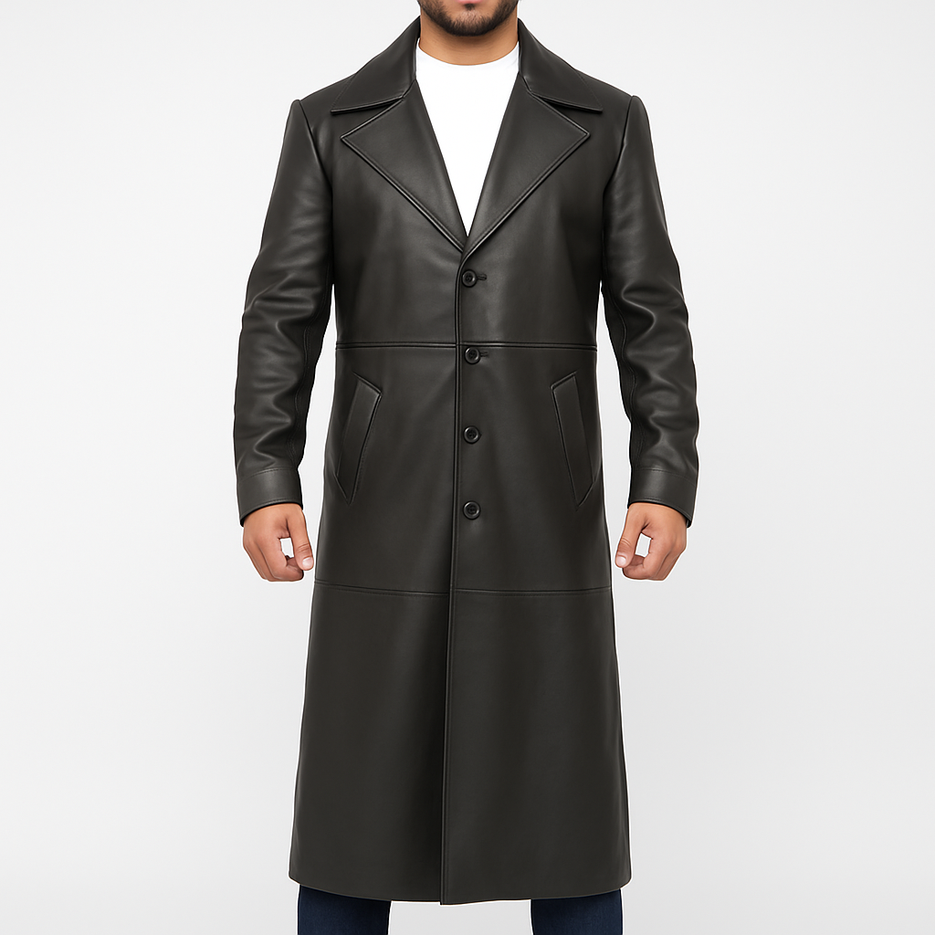 Men's Black Long Leather Duster Coat