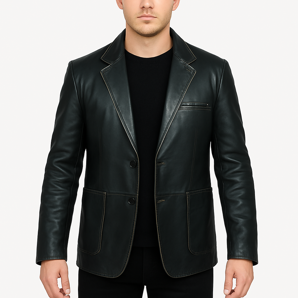 Men's Formal Blazer Button Style Black Leather Jacket