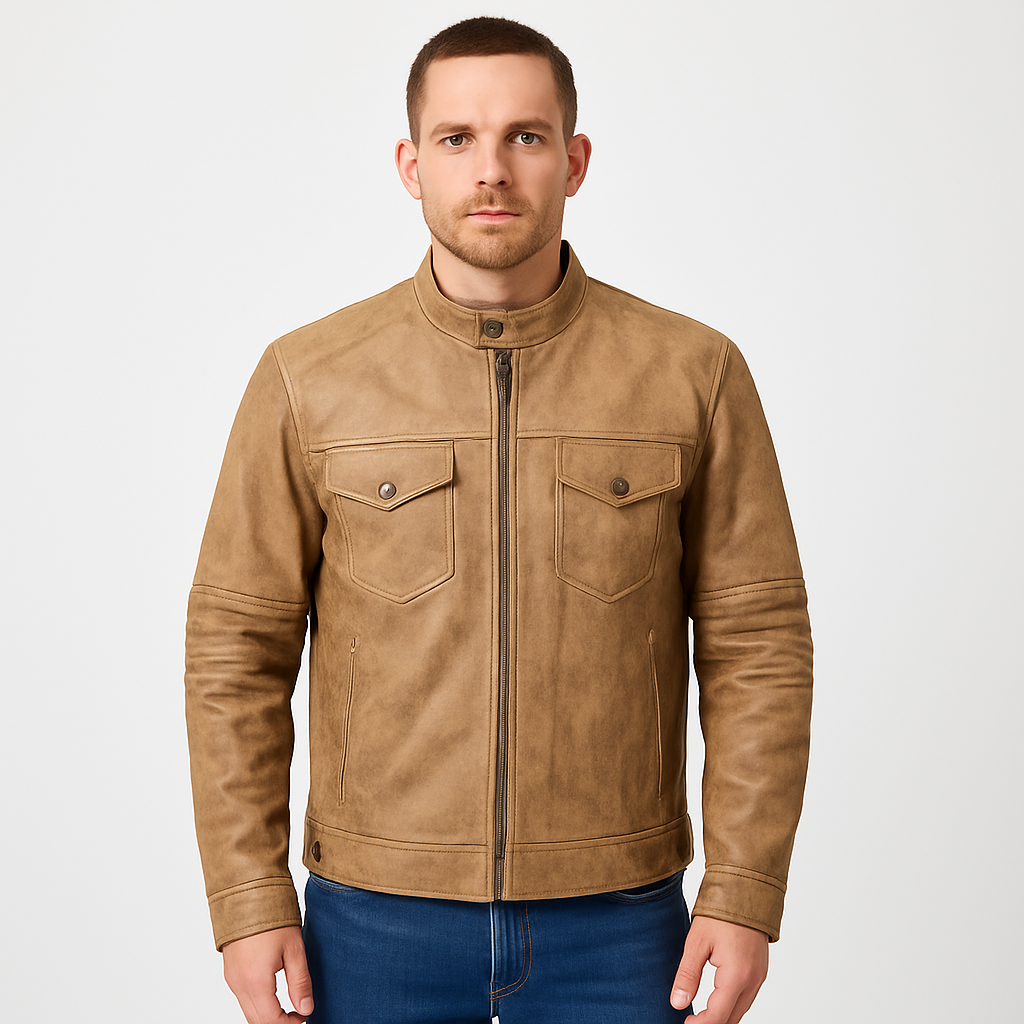 Men's Khaki Distressed Cafe Racer Vintage Leather Biker Jacket
