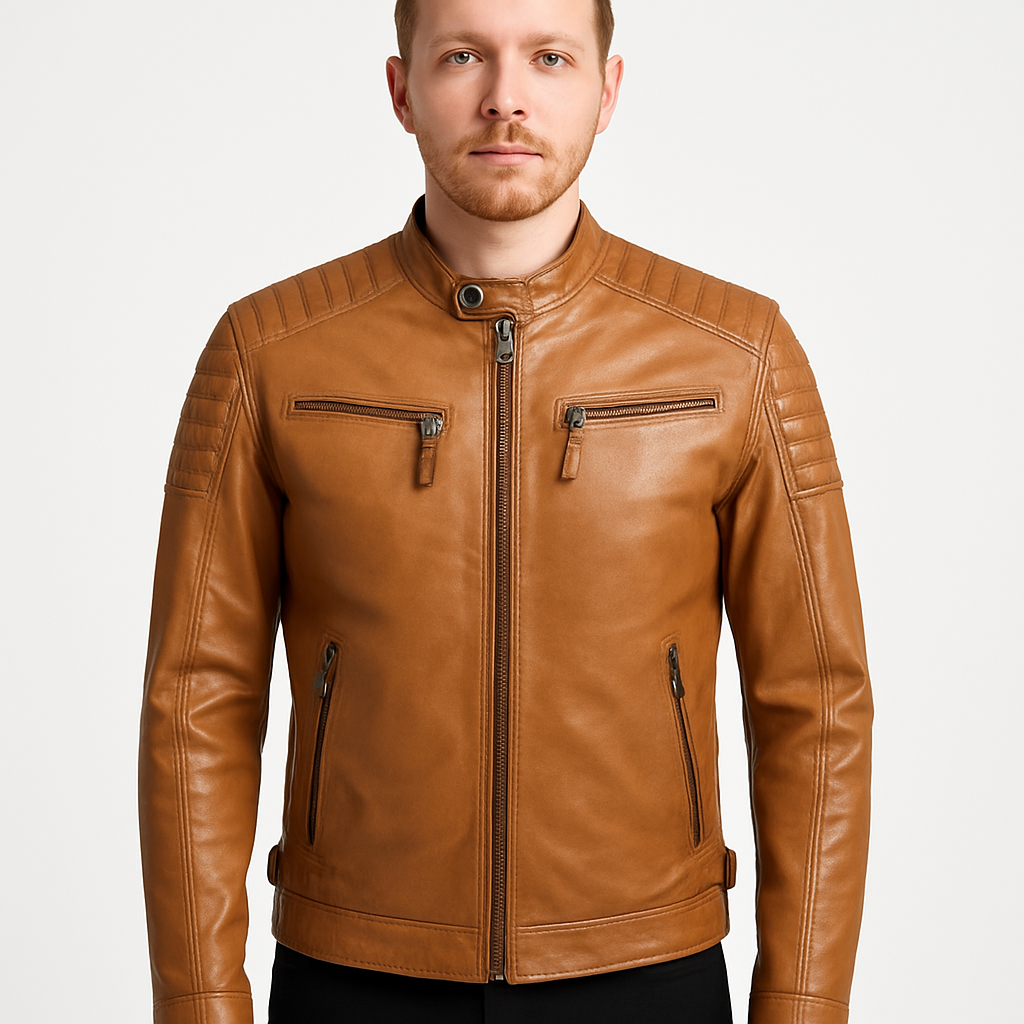 Men's Padded Tan Genuine Leather Biker Jacket
