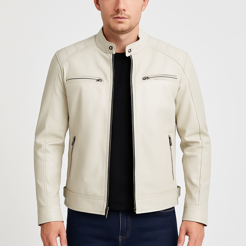 Men's Quilted Shoulder Off White Cafe Racer Leather Jacket