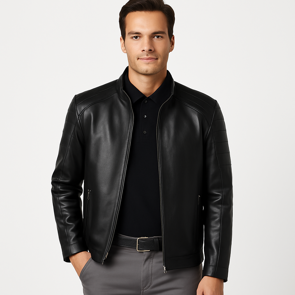 Men's Real Black Leather Biker Style Jacket in Black