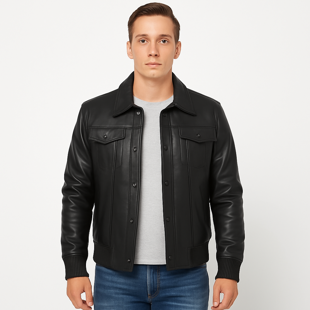 Men's Real Black Leather Bomber Jacket