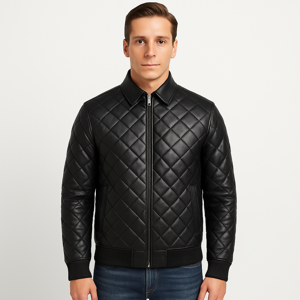 Men's Real Black Leather Quilted Bomber Jacket in Black