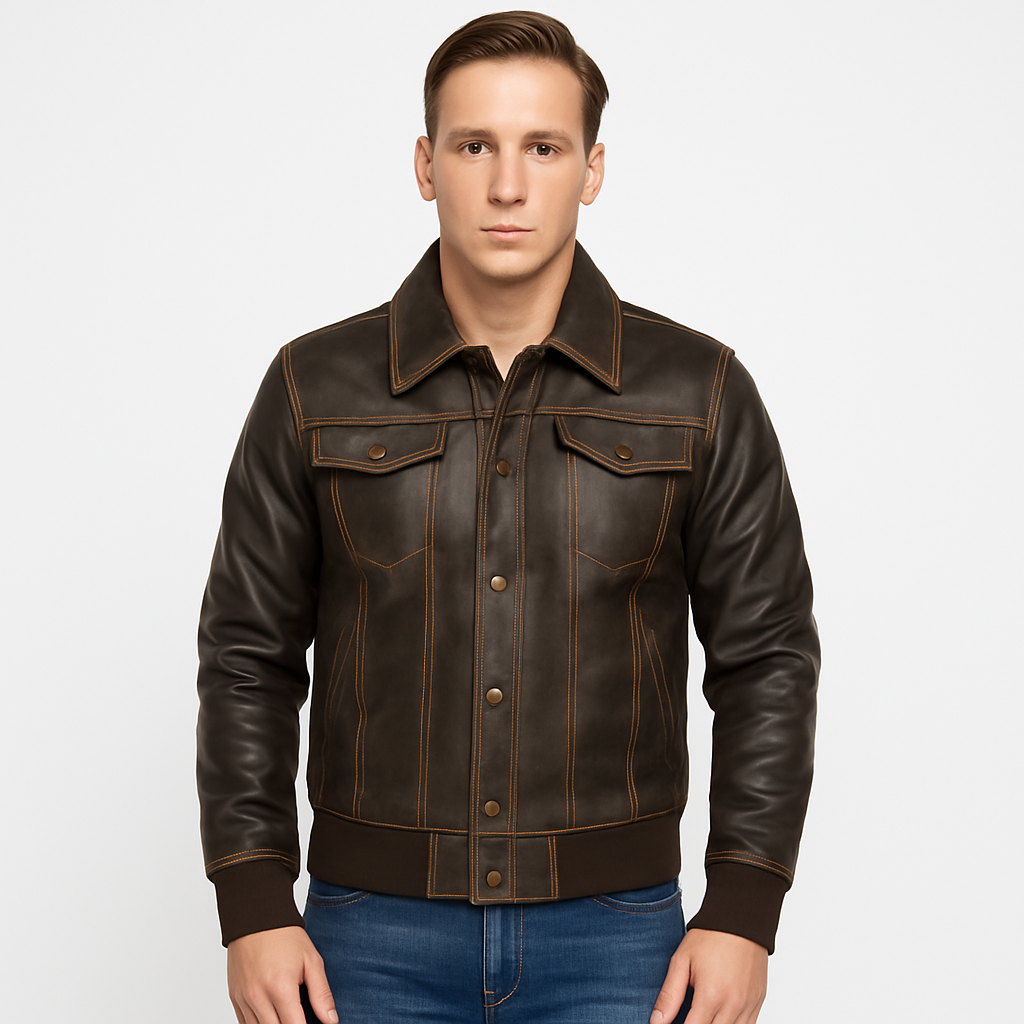 Men's Real Brown Distressed Leather Bomber Jacket