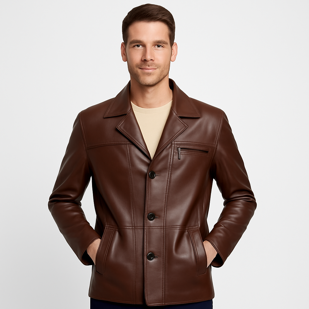 Men's Real Brown Leather Blazer Coat