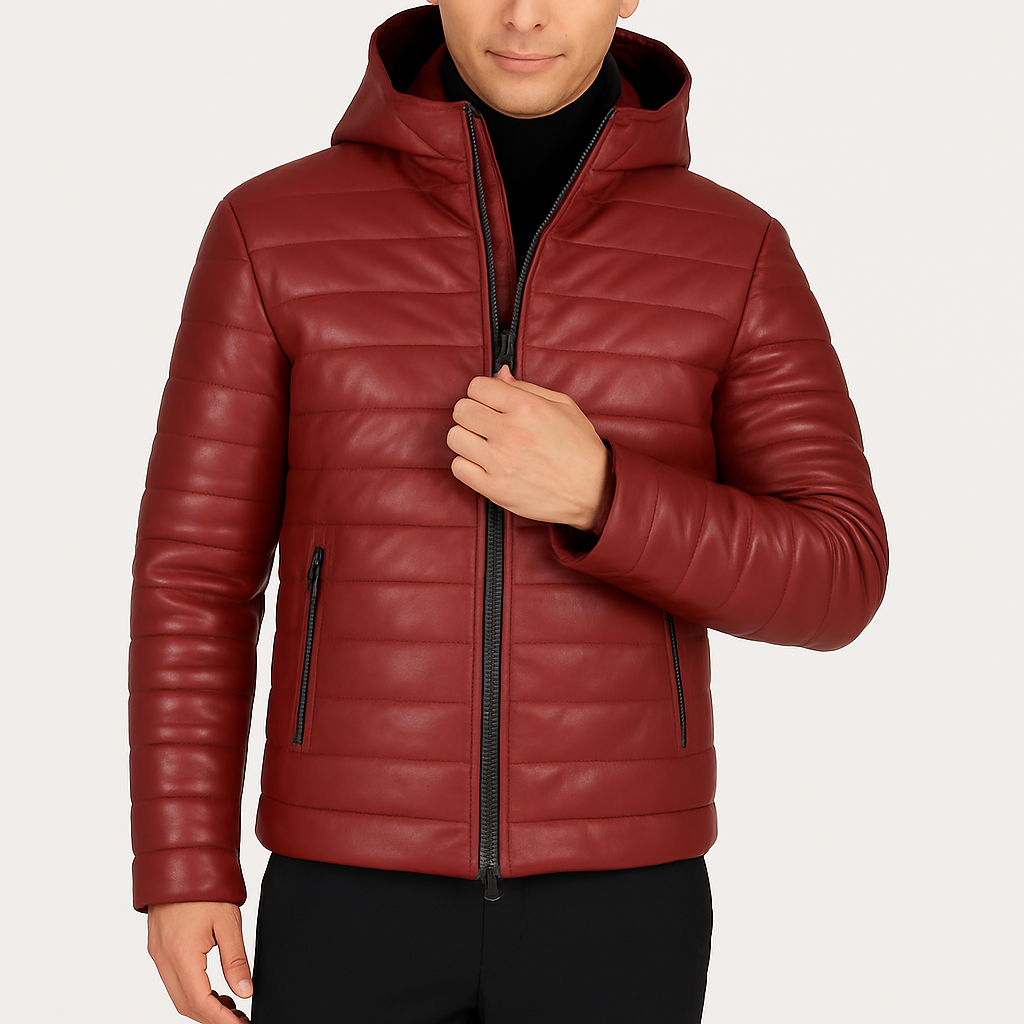 Men's Red Puffer Hooded Leather Jacket