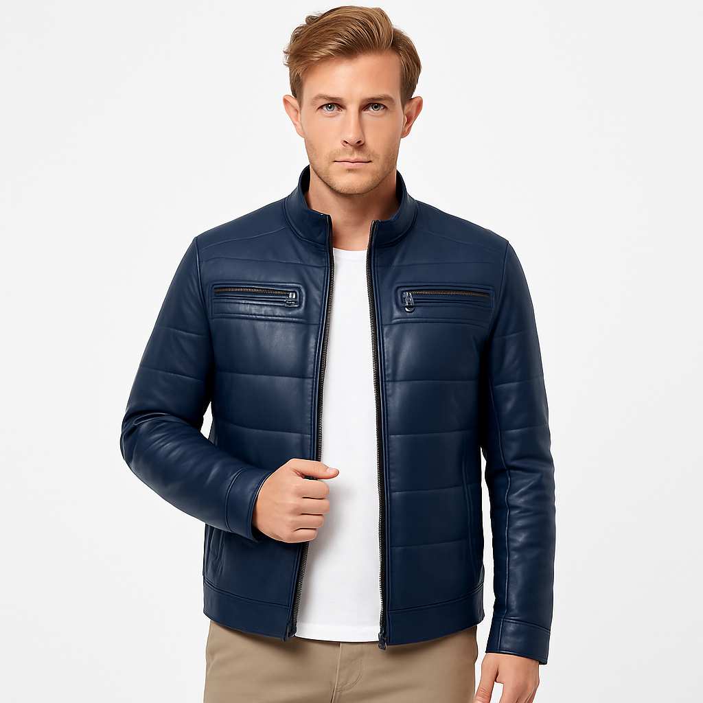 Men's Real Navy Blue Leather Bomber Jacket