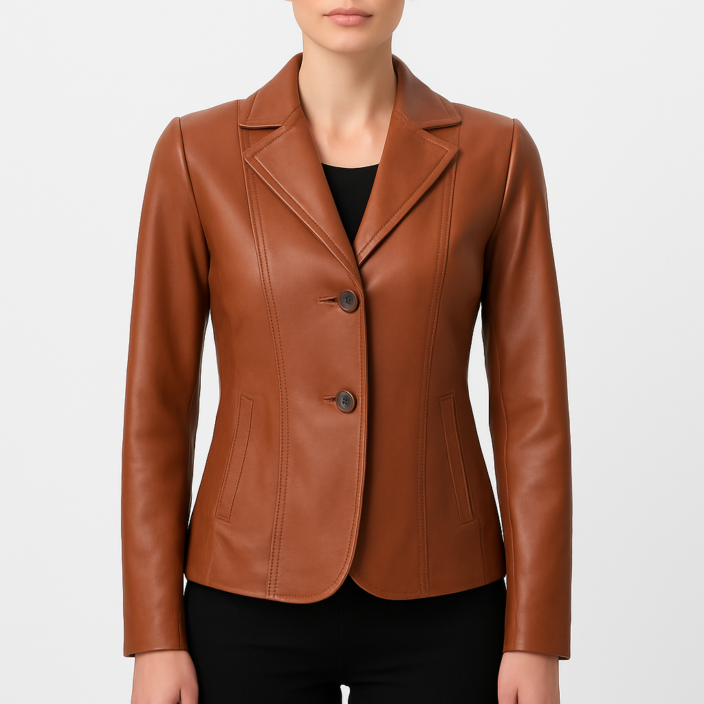 Women's Two-Button Tan Leather Blazer Jacket