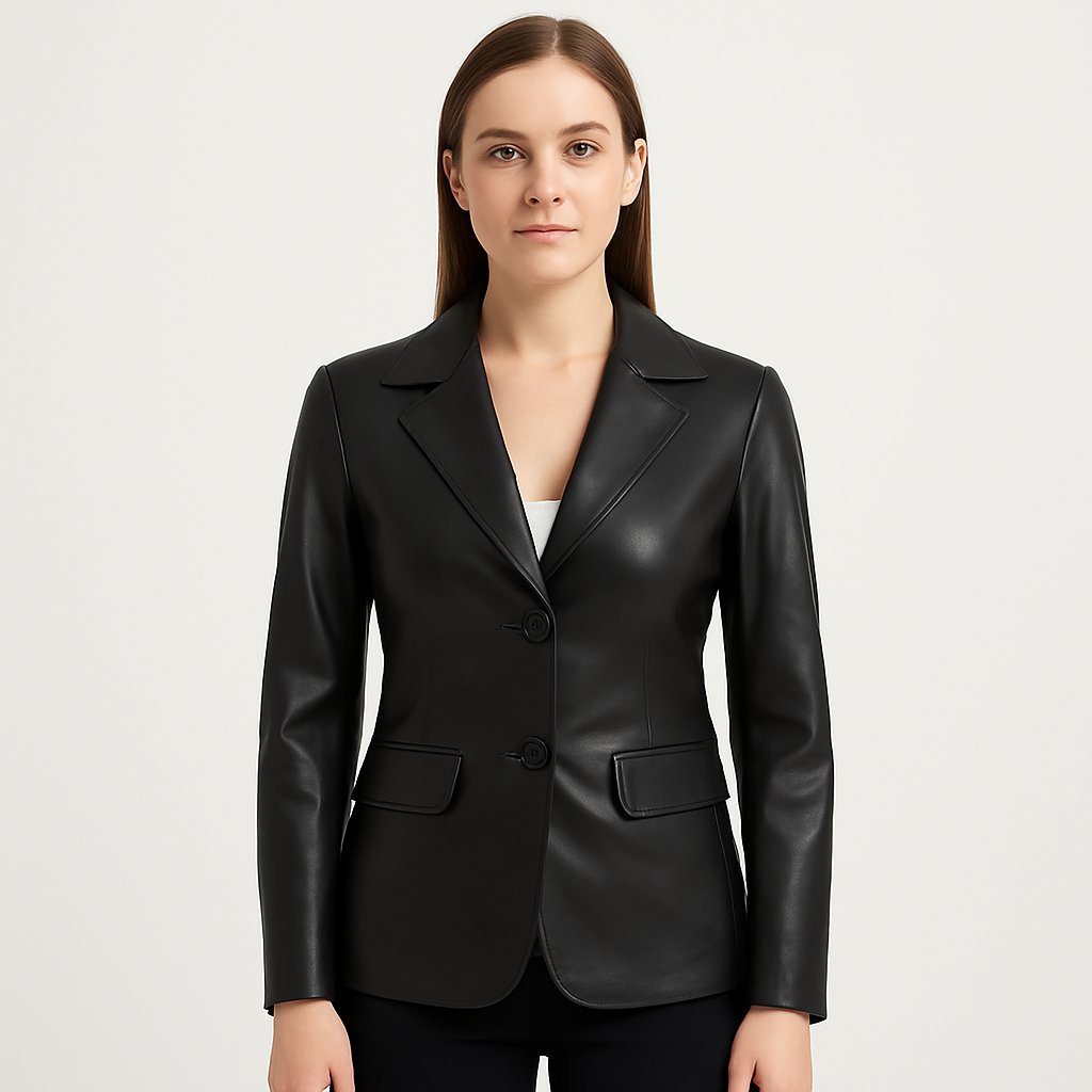 Women's Two-Button Black Real Lambskin Leather Blazer