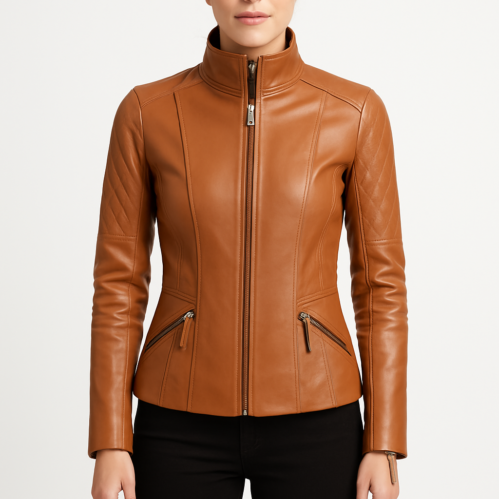 Women's English Tan Leather Jacket with Quilted Patches