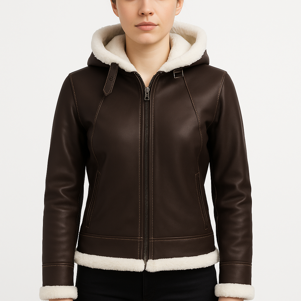 Women's Brown Shearling Fur-Lined Hooded Leather Jacket