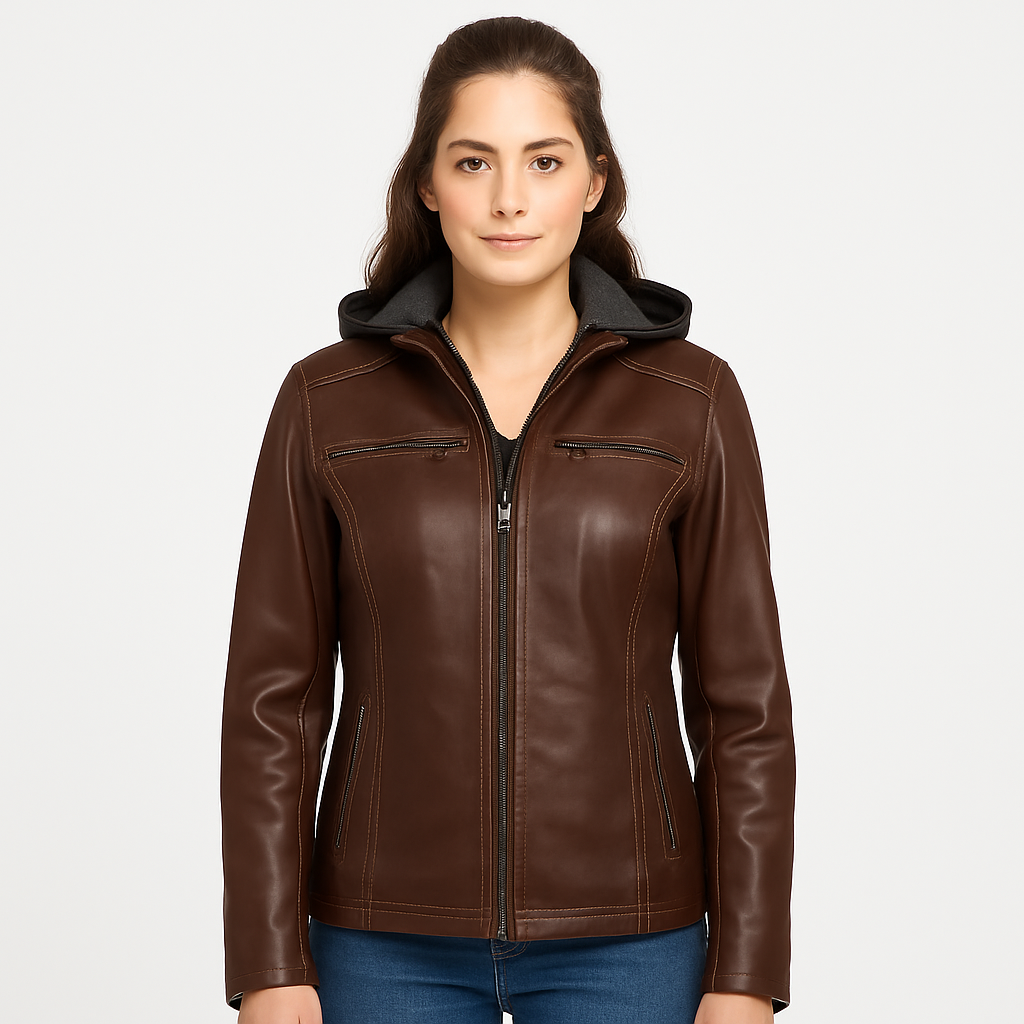 Women's Real Chocolate Brown Leather Hooded Jacket