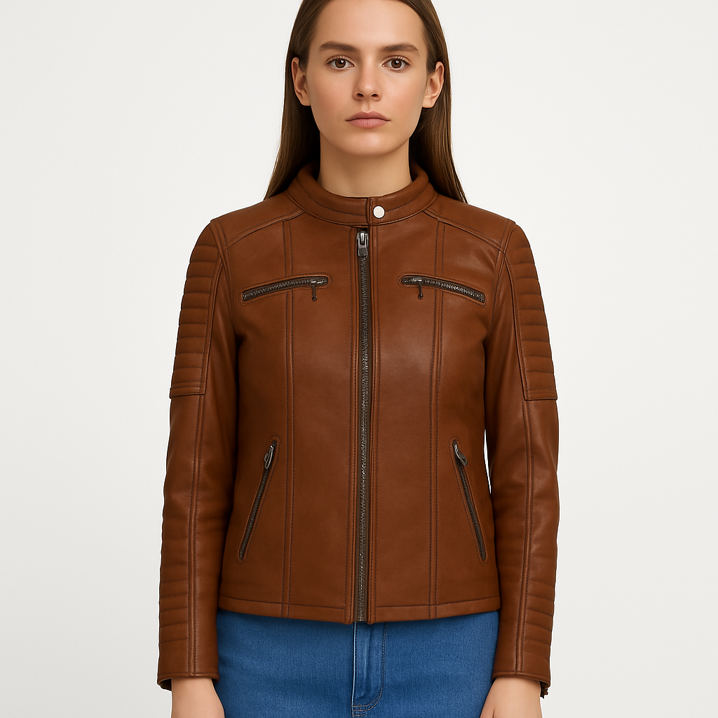 Women's Real Brown Leather Moto Style Jacket