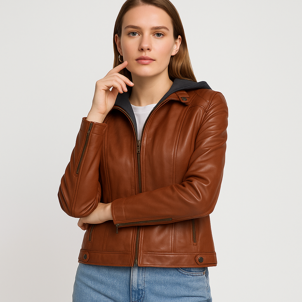 Women's Real Brown Leather Hooded Style Jacket