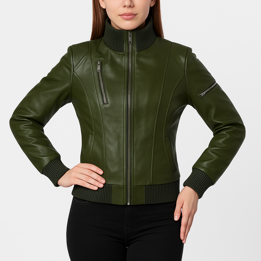Cheryl Women's Green Bomber Leather Jacket