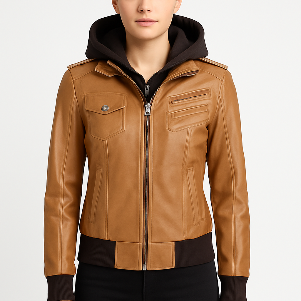 Edinburgh Women's Camel Brown Bomber Leather Jacket with Removable Hood