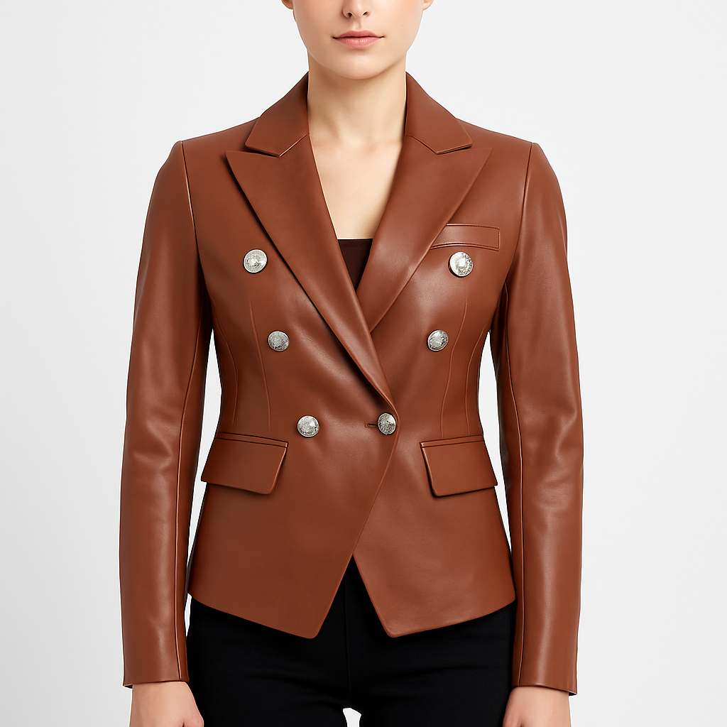 Kinley Women's Double Breasted Brown Leather Blazer Jacket