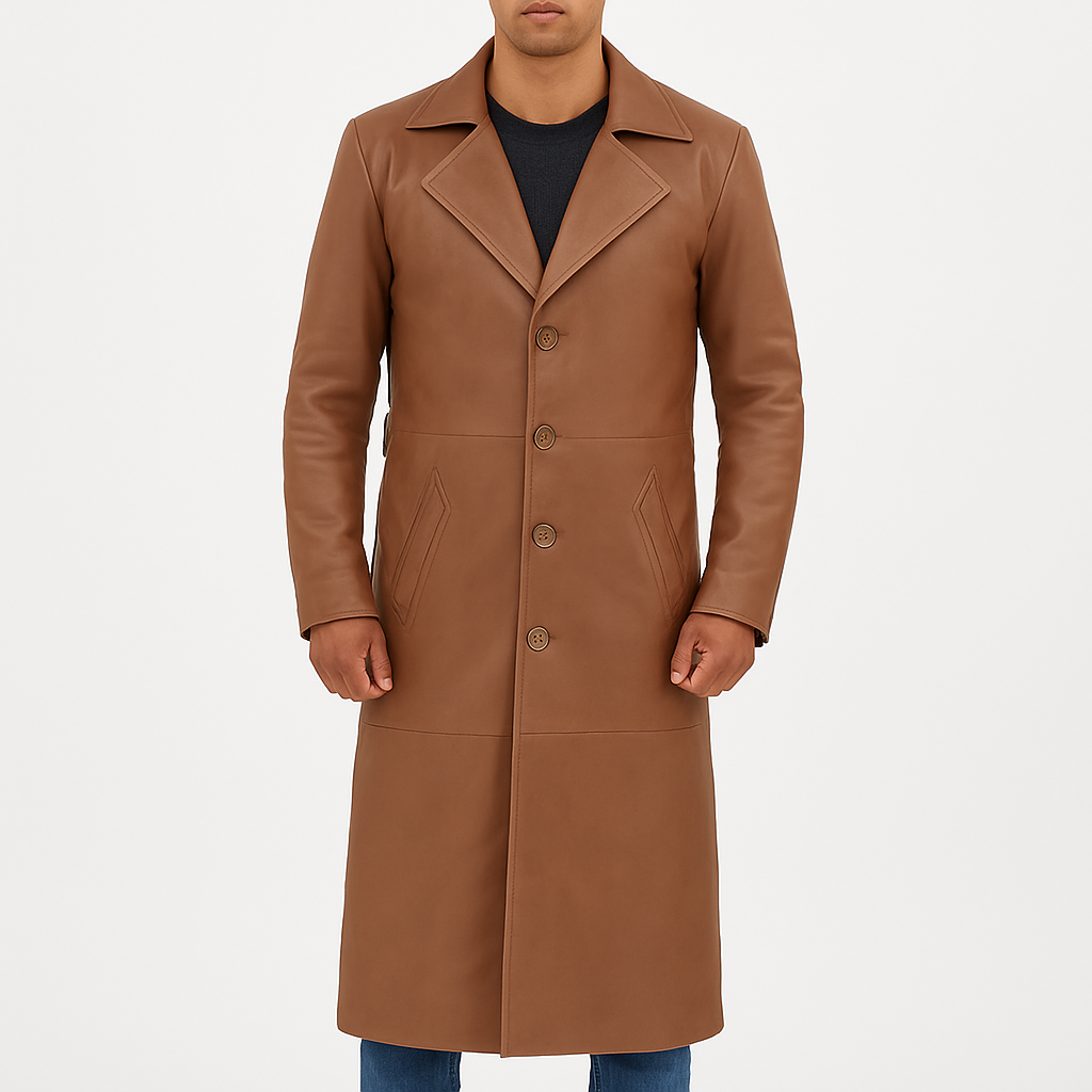 Men's Brown Leather Long Duster Coat