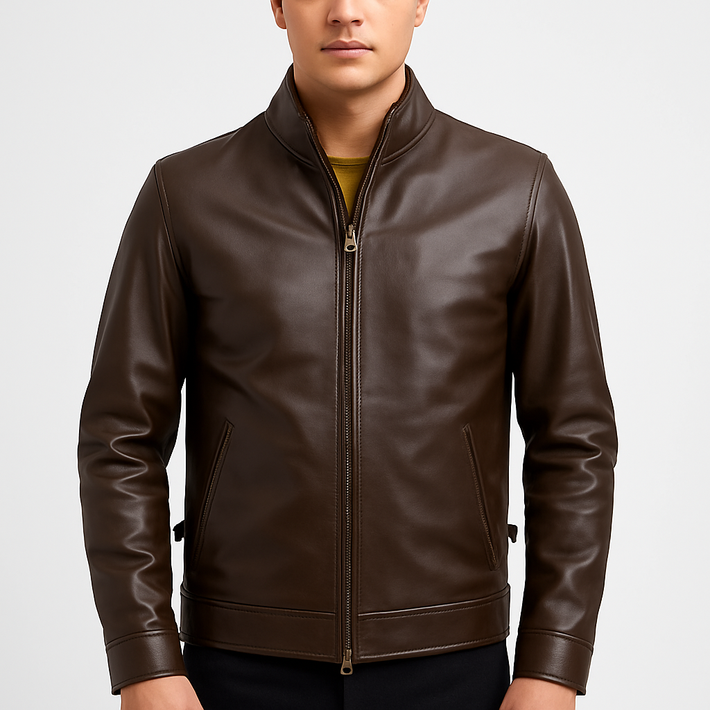 Men's Dark Brown Genuine Leather Cafe Racer Jacket