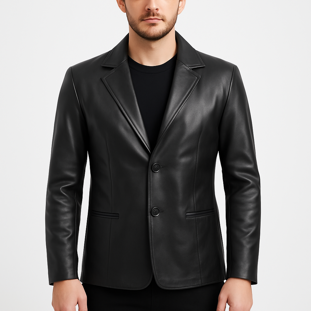 Men's Two-Button Black Leather Blazer