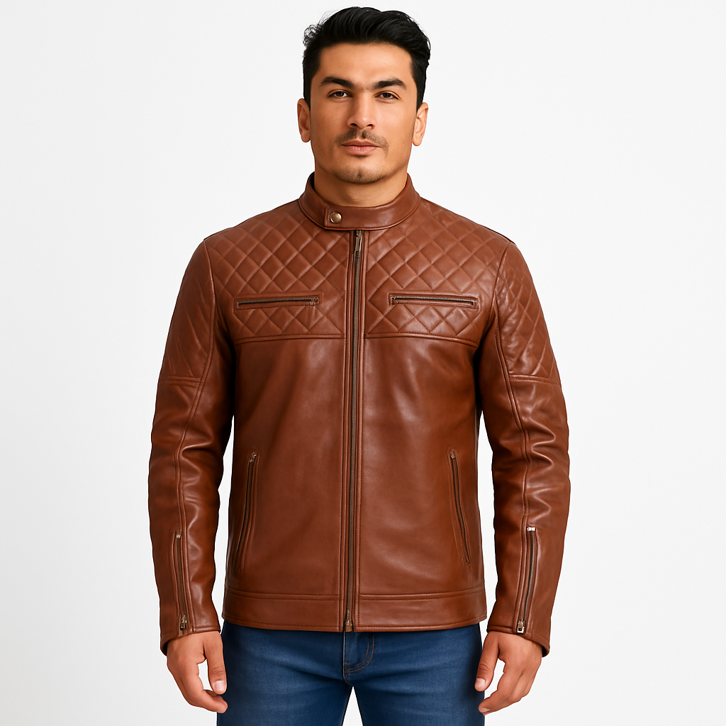 Orith Brown Quilted Biker Leather Jacket for Men