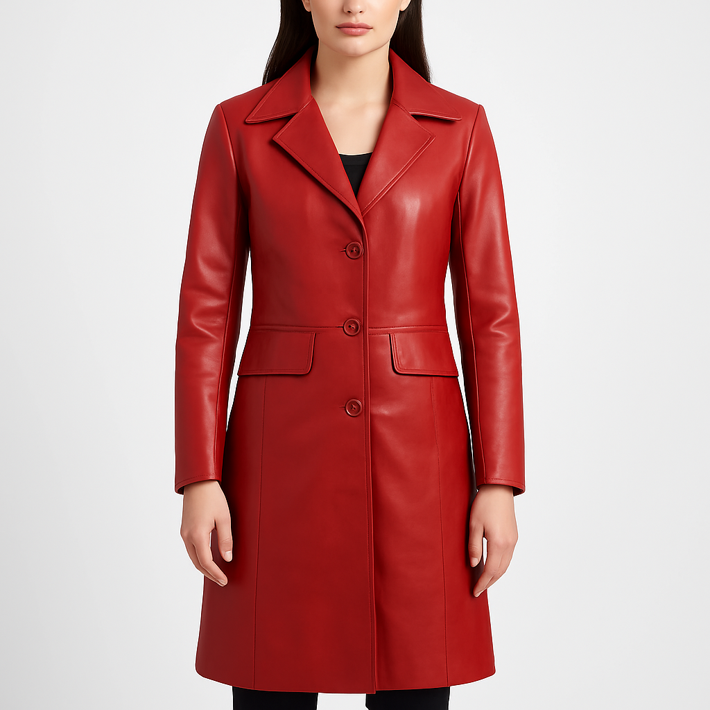 Women's Red Leather Trench Long Coat