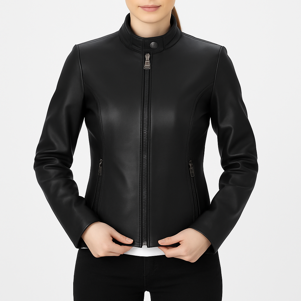 Women's Slimfit Black Cafe Racer Leather Jacket
