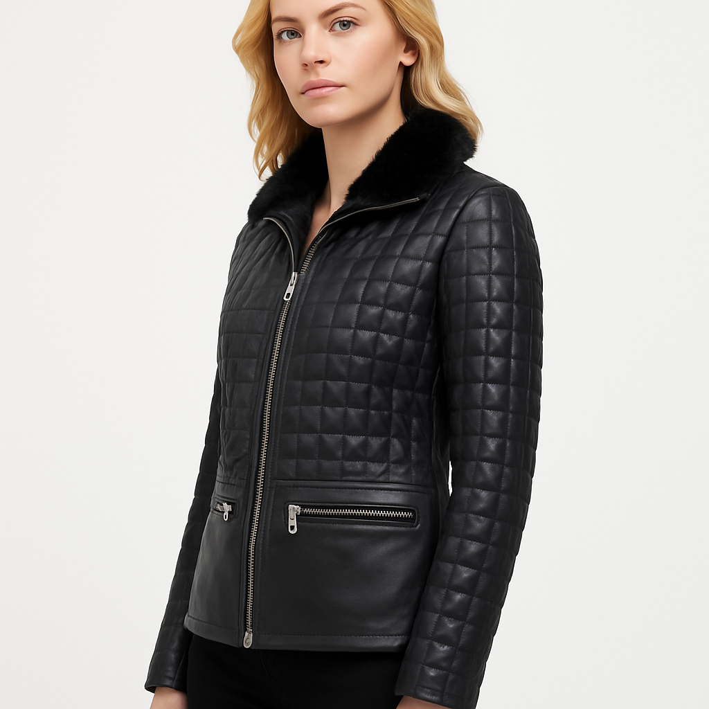 Women's Real Black Leather Diamond Classic Jacket